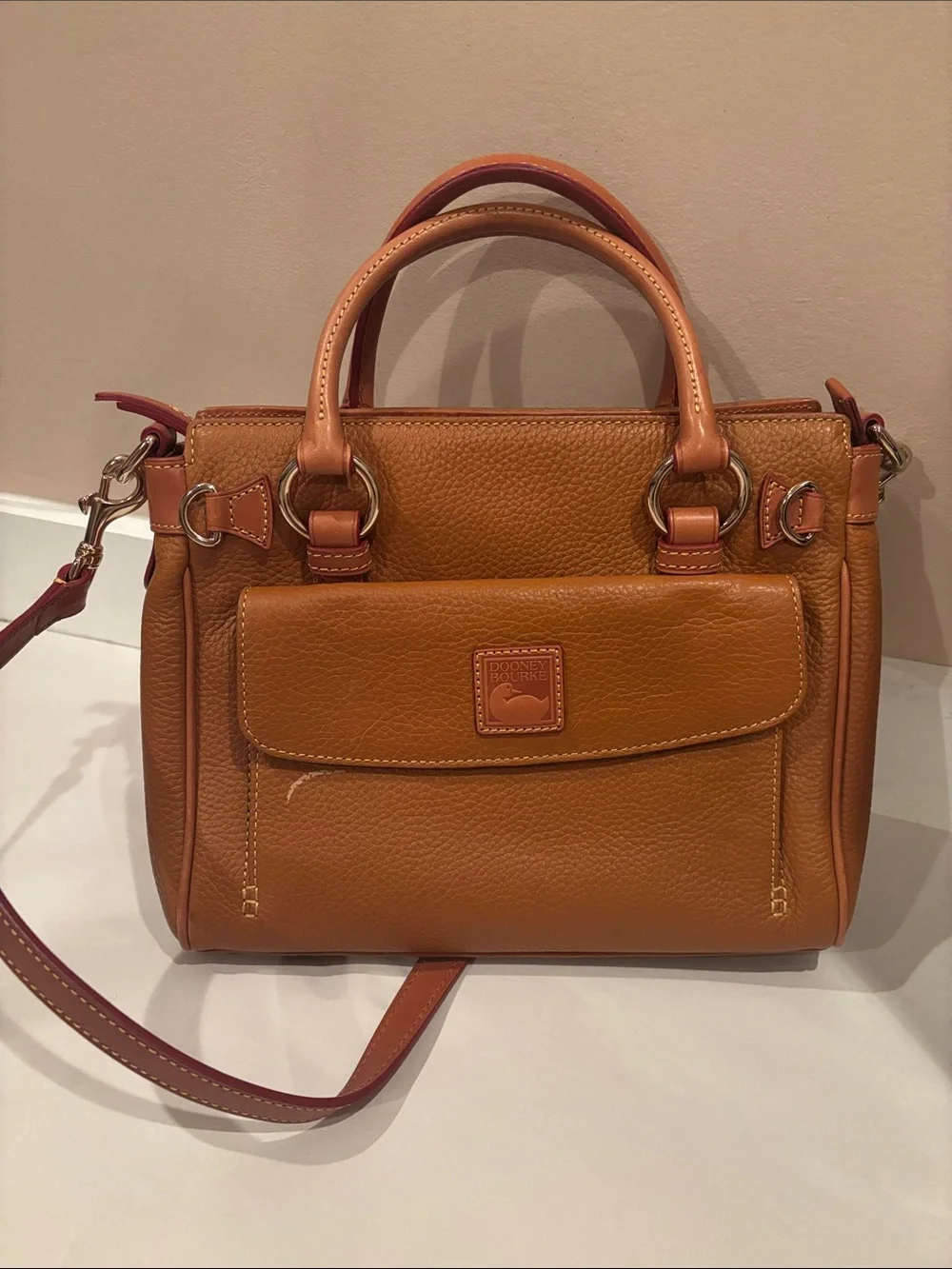 Dooney & Bourke Caramel Tan Pebbled Leather Satchel with Contrast Strap